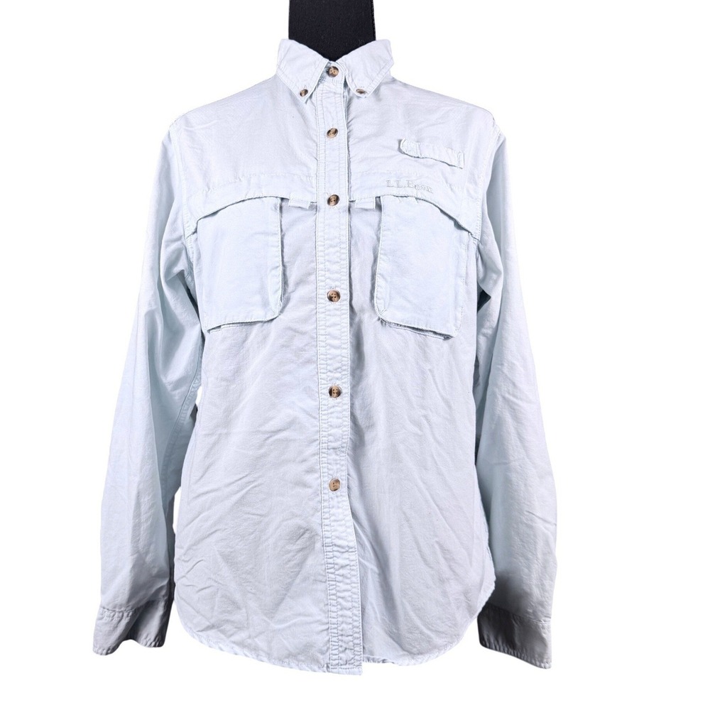 LLBean Womens Long Sleeve Button Up Shirt Light Blue Utility Pockets‎ Size M
